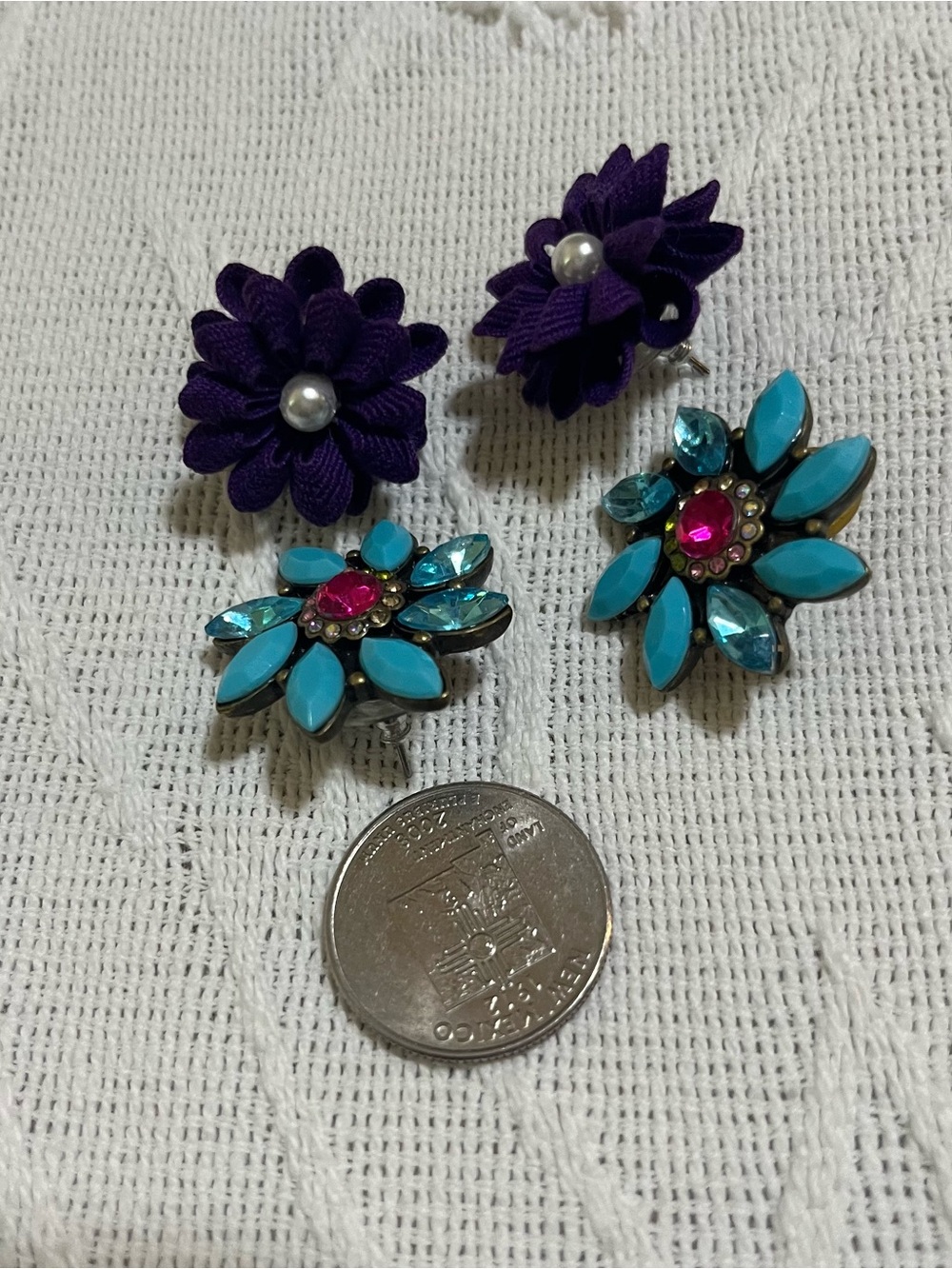 Floral Pierced Earrings in Purple Ribbon/ Fabric and Turquoise Rhinestones/Besds